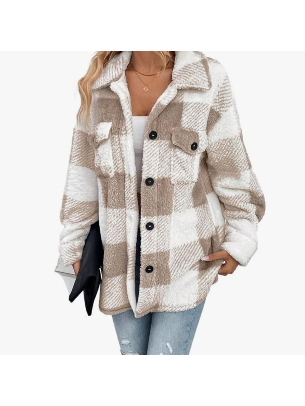 Plaid Sherpa Jacket, Brown and White , Size Large